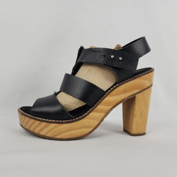 Free People Black Leather Wood Heel Sandals Size 8.5 - Picture 1 of 9